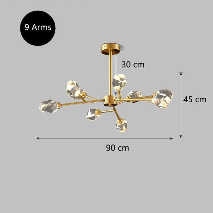 Gold Sputnik Chandelier with 9 arms, dimensions 30 cm x 45 cm x 90 cm, ideal for modern home decor.