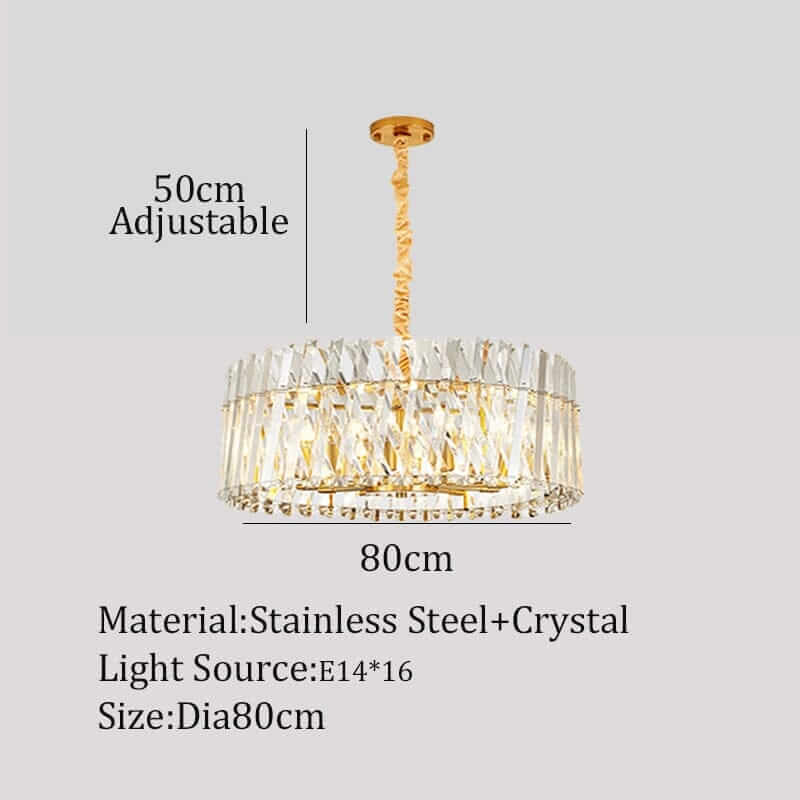 Stunning 80cm diameter luxury crystal LED lamp with adjustable height, made of stainless steel and crystal.