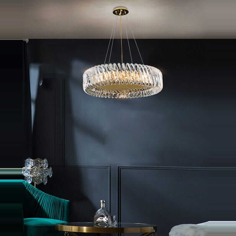 Stylish entryway chandelier with a gold finish and crystal design, enhancing ambiance and sophistication in modern decor.