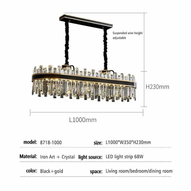 Foyer chandelier in black and gold, featuring crystal accents, adjustable height, perfect for living room or dining room.