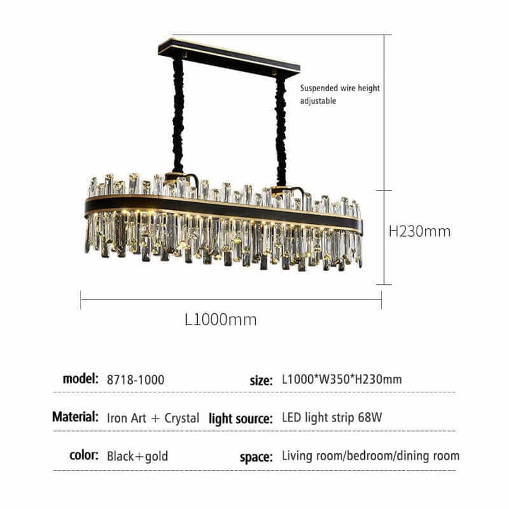 Foyer chandelier in black and gold, featuring crystal accents, adjustable height, perfect for living room or dining room.
