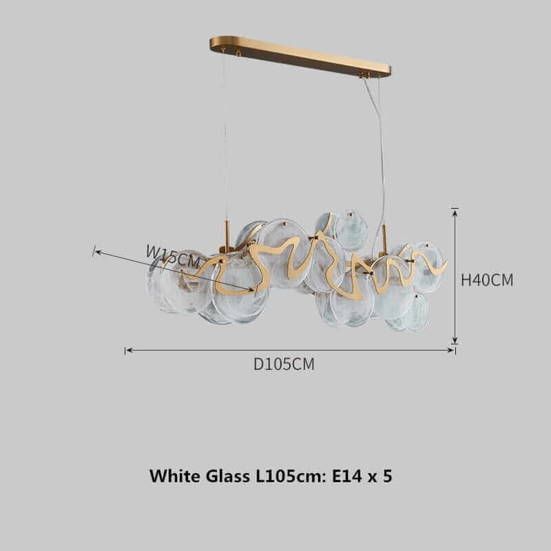 Elegant gold and white glass chandelier pendant, dimensions L105cm, H40cm, featuring five E14 bulbs.