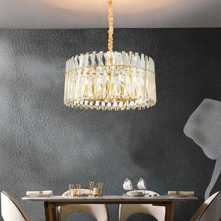 Basima Luxury Crystal Transparent LED Lamp illuminating a chic dining area with modern decor and stunning crystal design.