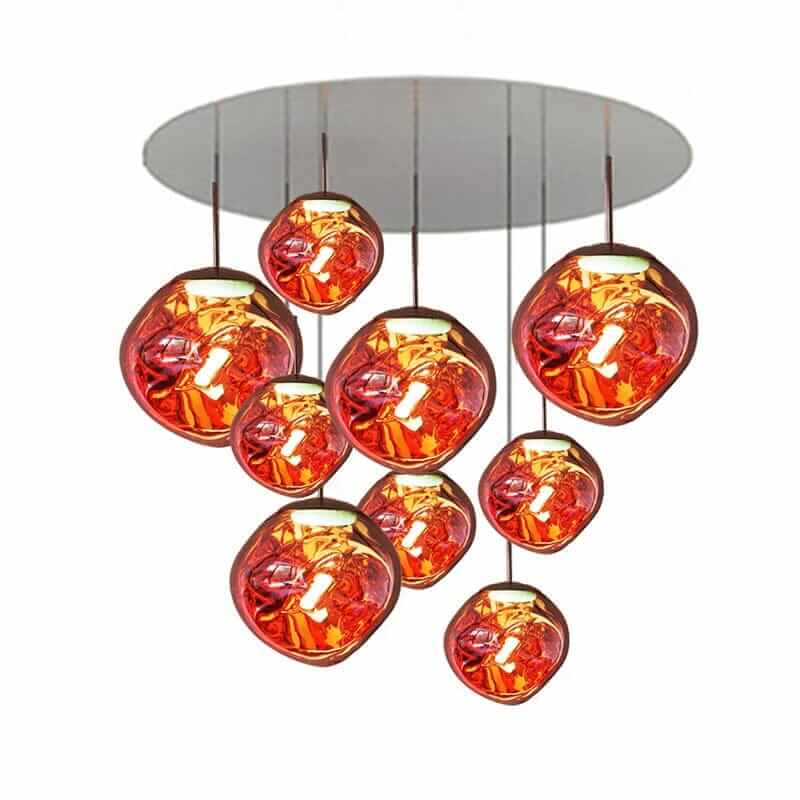 Foyer chandelier featuring vibrant lava-inspired glass shades, adding elegance and charm to home décor.