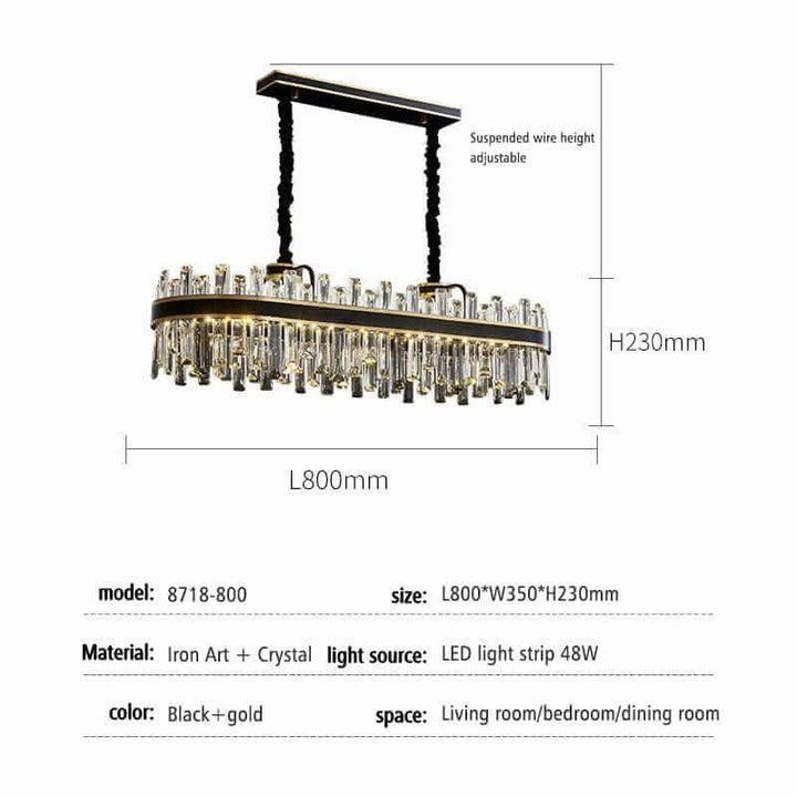 Foyer chandelier in black and gold, 800x350mm, LED lighting, perfect for living room or bedroom decor.