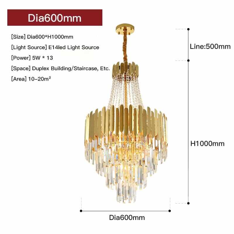 Foyer chandelier with gold and crystal design, 600mm diameter, perfect for duplex buildings and staircases.