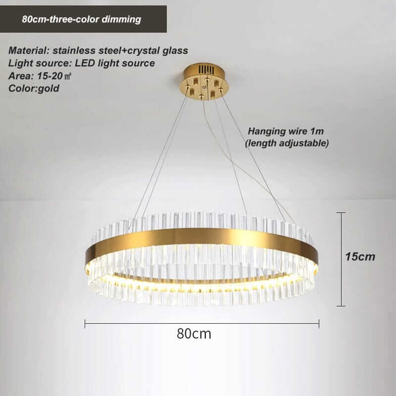Elegant gold crystal chandelier featuring adjustable hanging wire, ideal for modern and traditional decor.