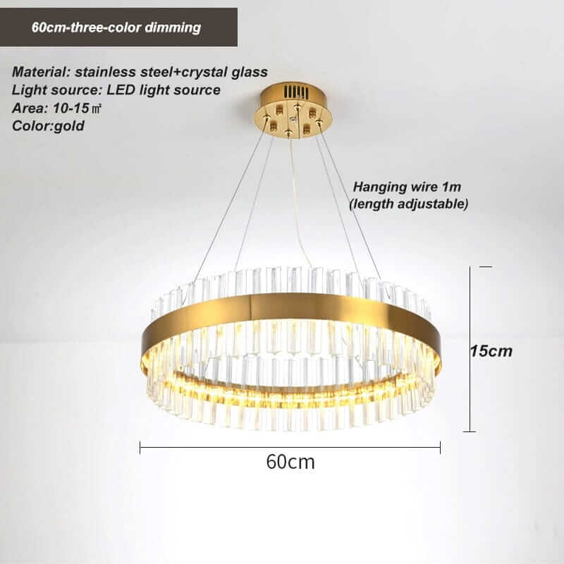 Gold crystal chandelier showcasing stainless steel and crystal glass, adjustable hanging wire, perfect for elegant lighting.