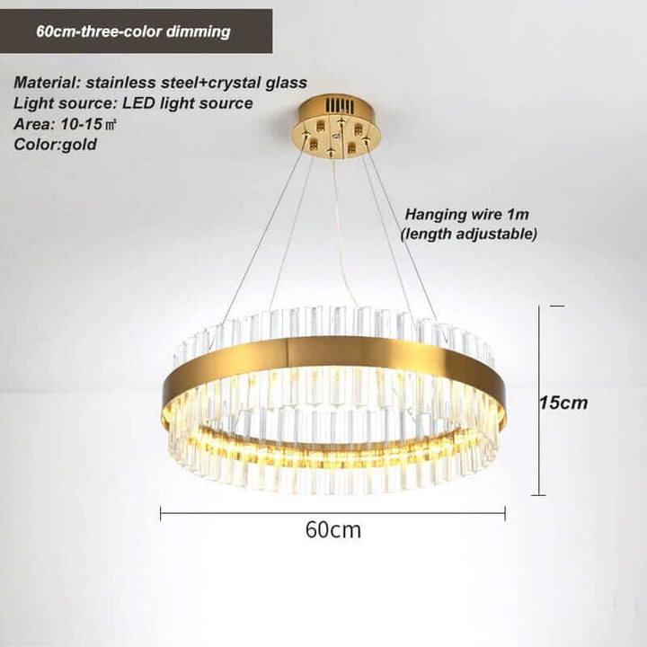 Gold crystal chandelier showcasing stainless steel and crystal glass, adjustable hanging wire, perfect for elegant lighting.