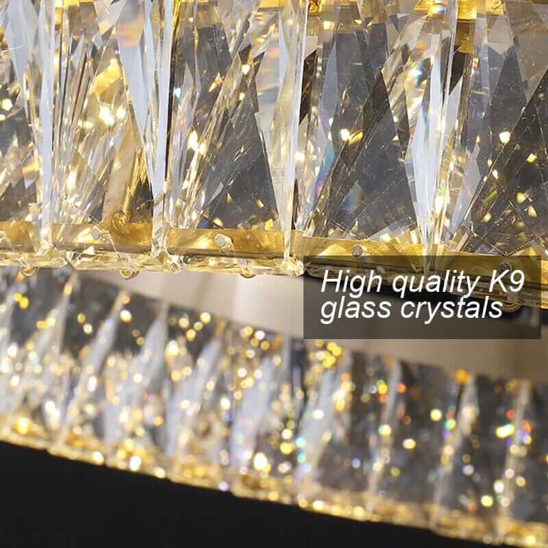 Close-up of high quality K9 glass crystals in a luxurious chandelier, showcasing their brilliance and clarity.