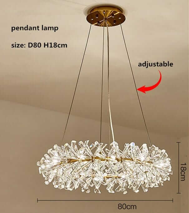 Elegant LED pendant lamp with a crystal flower design, adjustable height, and 80cm diameter for stylish interiors.
