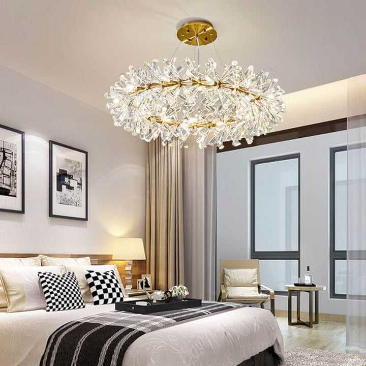 Stunning LED chandelier in a modern bedroom, featuring flower-inspired crystal design and elegant ambiance.