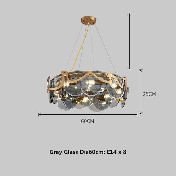 Gray glass chandelier with gold accents, 60cm diameter, modern design, elegant lighting for contemporary spaces.