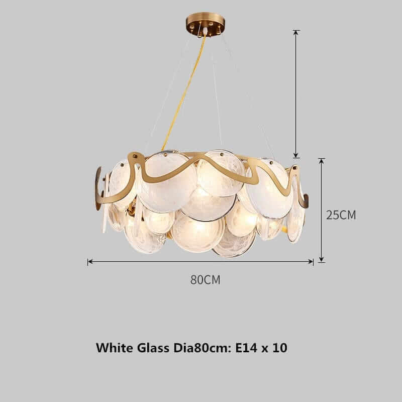 Elegant white glass chandelier with gold detailing, 80cm diameter, ideal for contemporary interiors.