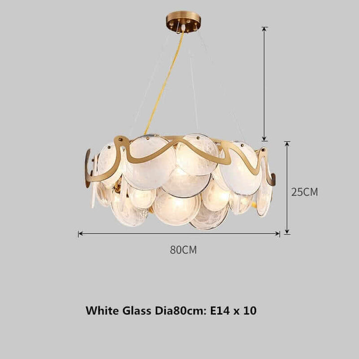 Elegant white glass chandelier with gold detailing, 80cm diameter, ideal for contemporary interiors.