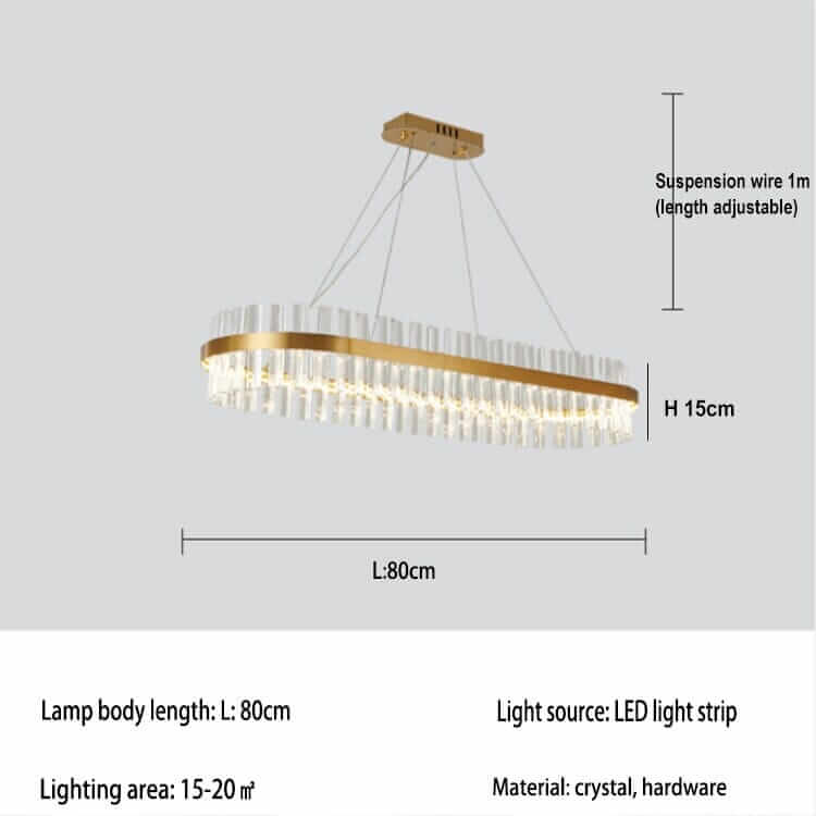 Gold crystal chandelier with adjustable suspension, 80cm length, and LED light source, perfect for elegant home decor.