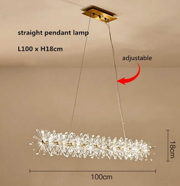 Adjustable straight pendant lamp in crystal, 100cm length, 18cm height, perfect for modern interiors.