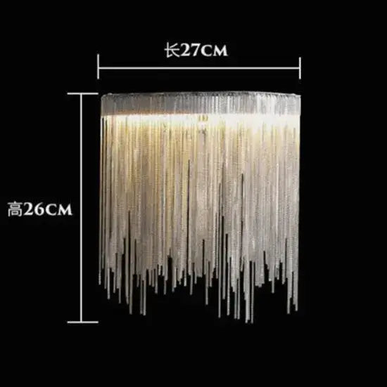 Linear chandelier with long tassel design, dimensions 27cm x 26cm, ideal for dining room aesthetics.