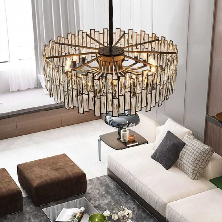 Stylish LED chandelier hanging above a modern living room, enhancing luxury and ambiance with its elegant design.