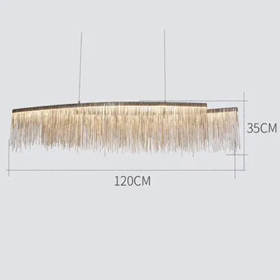 Linear chandelier with long tassel design, measuring 120CM x 35CM, ideal for dining rooms and modern interiors.