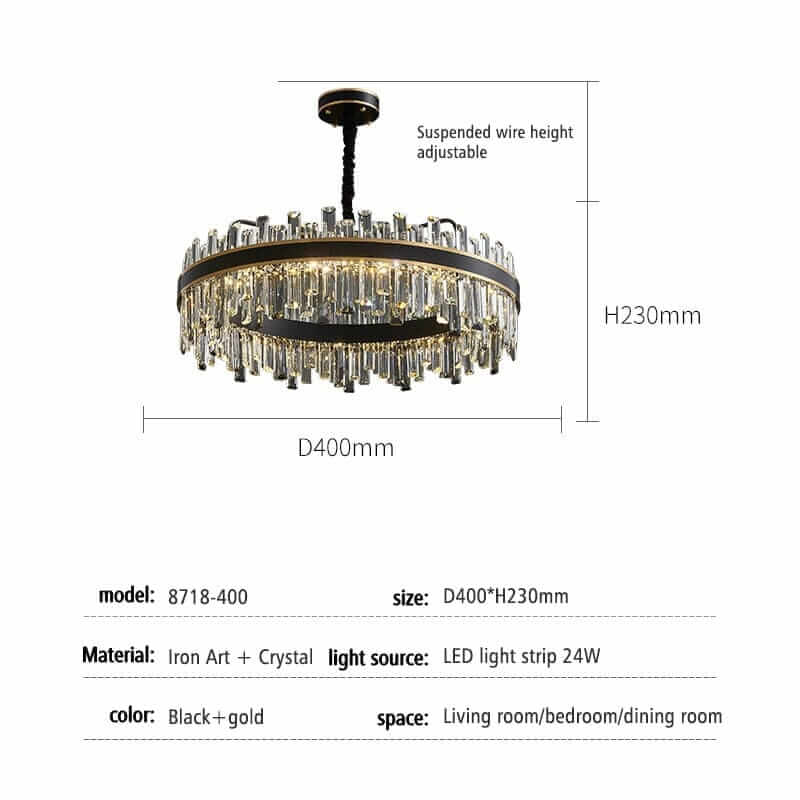 Foyer chandelier in black and gold, featuring crystal illumination, adjustable height, ideal for living room and dining spaces.