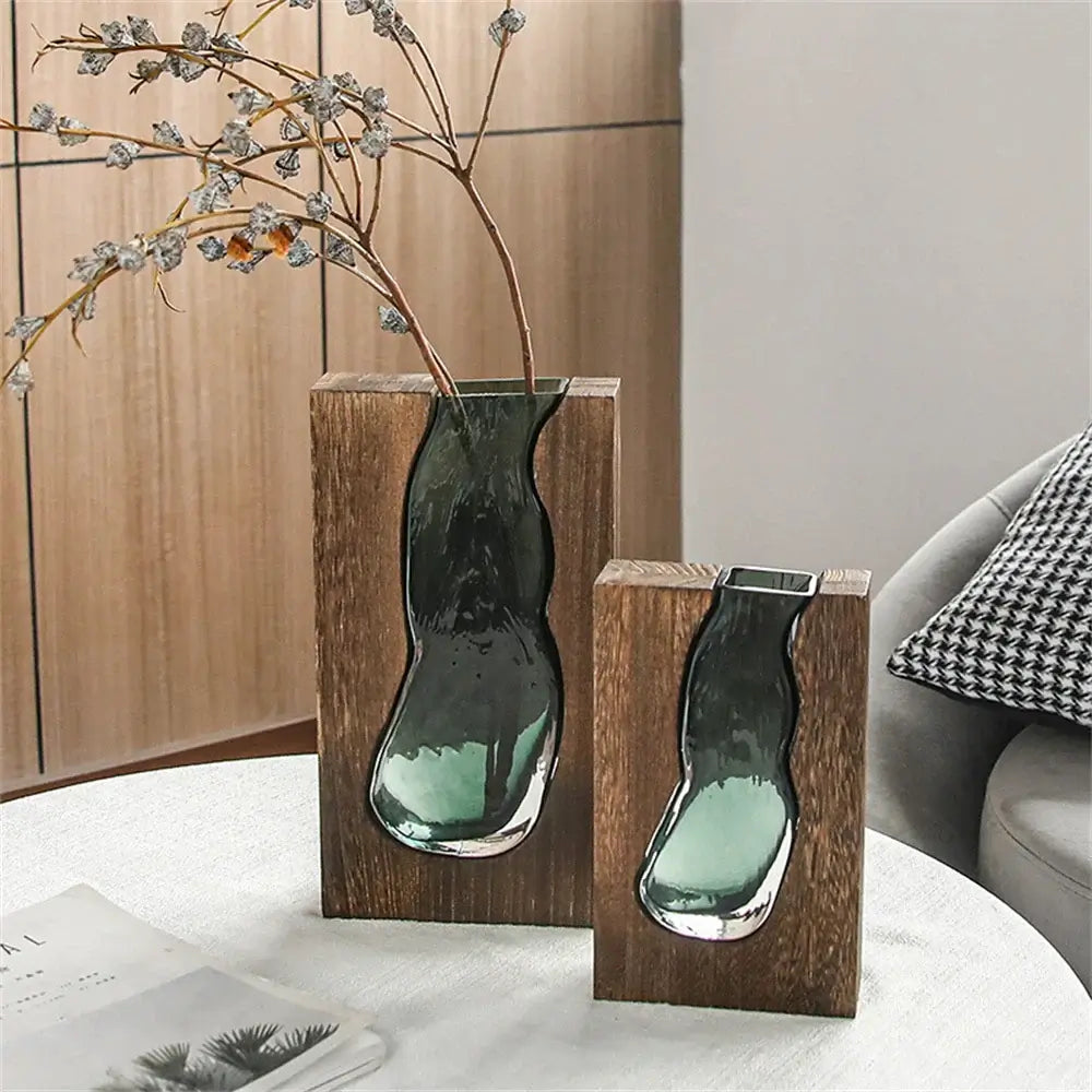 Yves Wood Emerald Green Glass Vase
