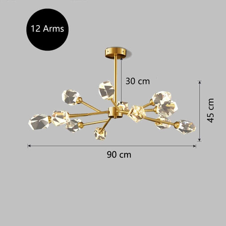 Sputnik chandelier with 12 arms, gold finish, 90 cm width, and crystal accents, perfect for illuminating any space.