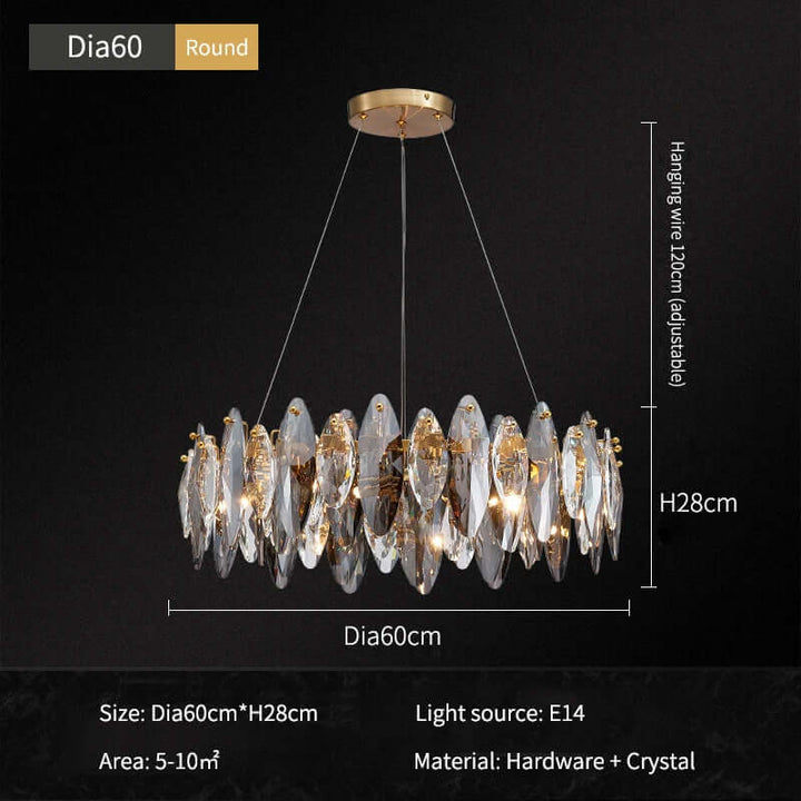 Round crystal chandelier with gold accents, measuring 60cm diameter and 28cm height, adjustable hanging wire.