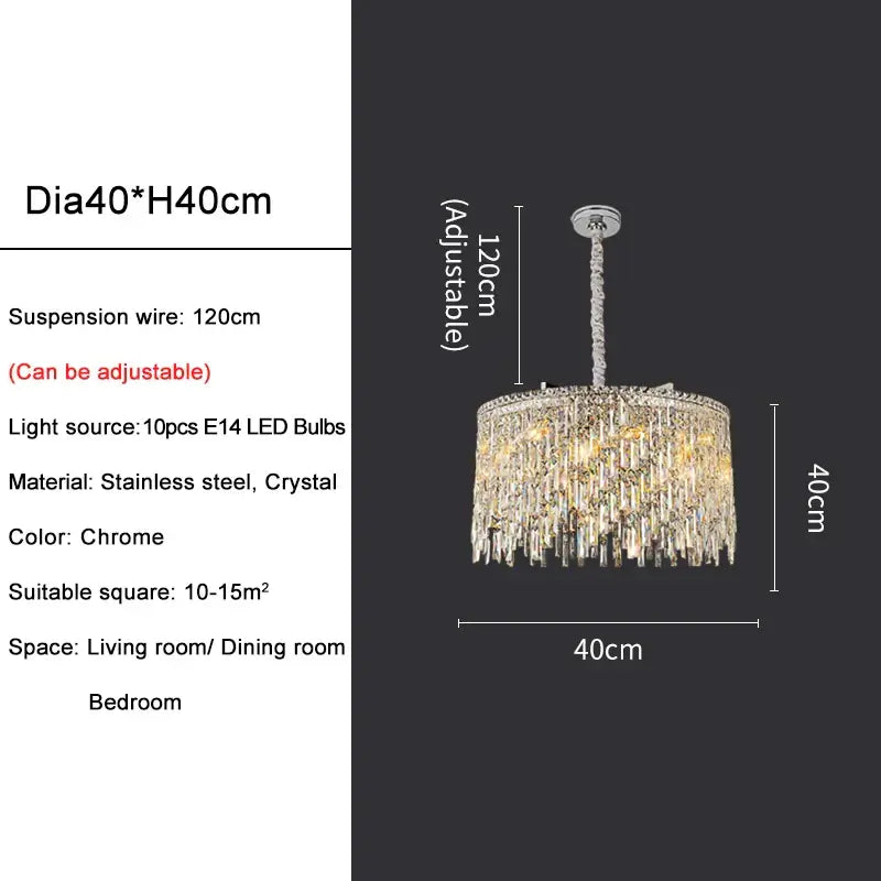 Round chandelier featuring crystal design, chrome finish, adjustable height, suitable for bedroom and living areas.