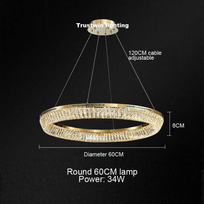 Luxurious round 60CM chandelier with K9 crystals, adjustable 120CM cable, and 34W LED power.