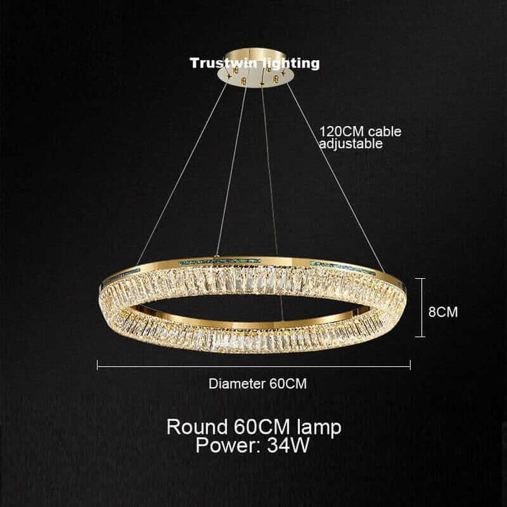 Luxurious round 60CM chandelier with K9 crystals, adjustable 120CM cable, and 34W LED power.