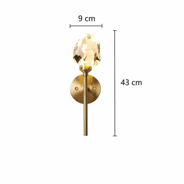 Gold wall sconce light fixture with a crystal design, measuring 9 cm width and 43 cm height.