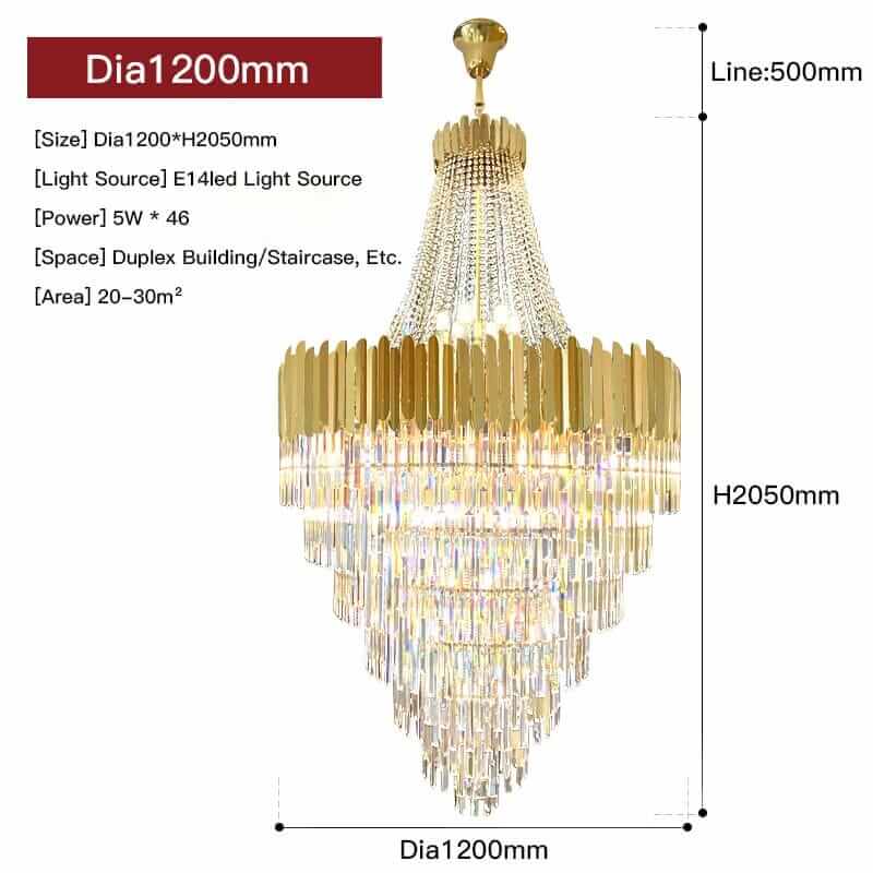Elegant foyer chandelier with premium crystals and gold accents, perfect for duplex buildings and staircases.