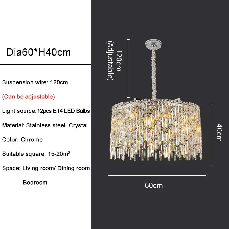 Elegant round chandelier with adjustable height, stainless steel and crystal design, ideal for bedrooms and dining rooms.
