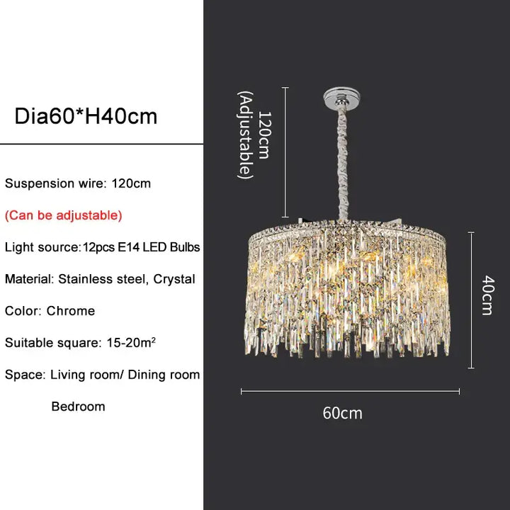 Elegant round chandelier with adjustable height, stainless steel and crystal design, ideal for bedrooms and dining rooms.