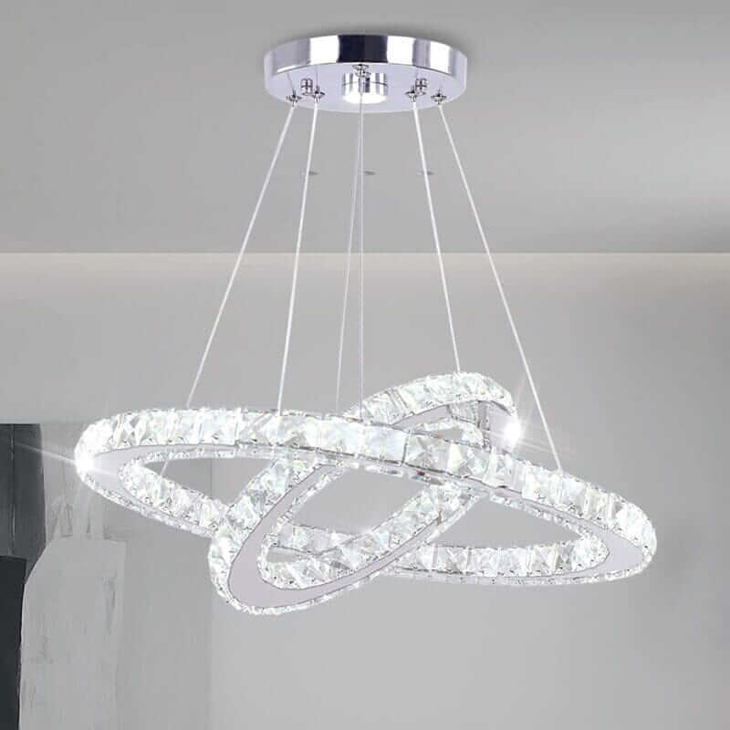 Modern foyer chandelier with crystal rings, offering customizable ambient lighting for elegance and style.