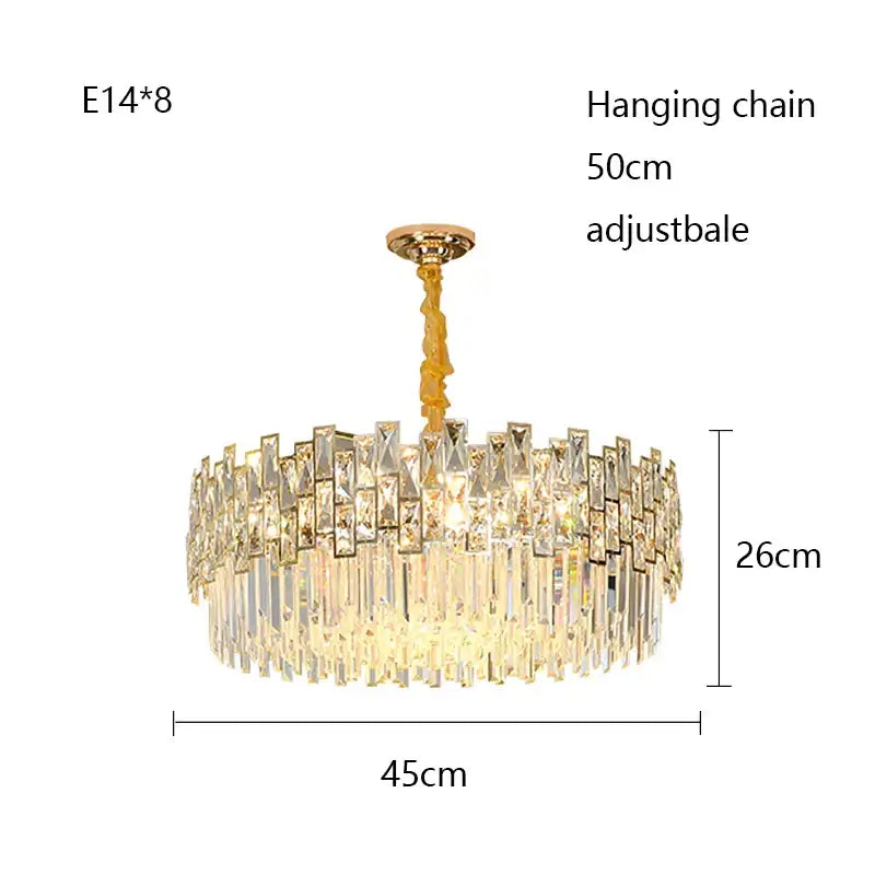 Kiara Gold Black Crystal Chandelier with adjustable hanging chain, perfect for adding elegance to any space.