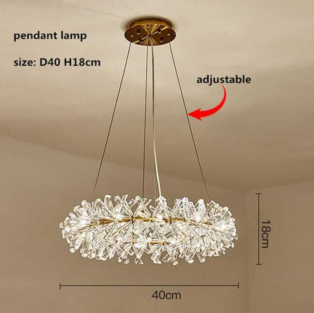 LED chandelier pendant lamp with adjustable height, featuring flower-inspired crystal design measuring D40 H18cm.