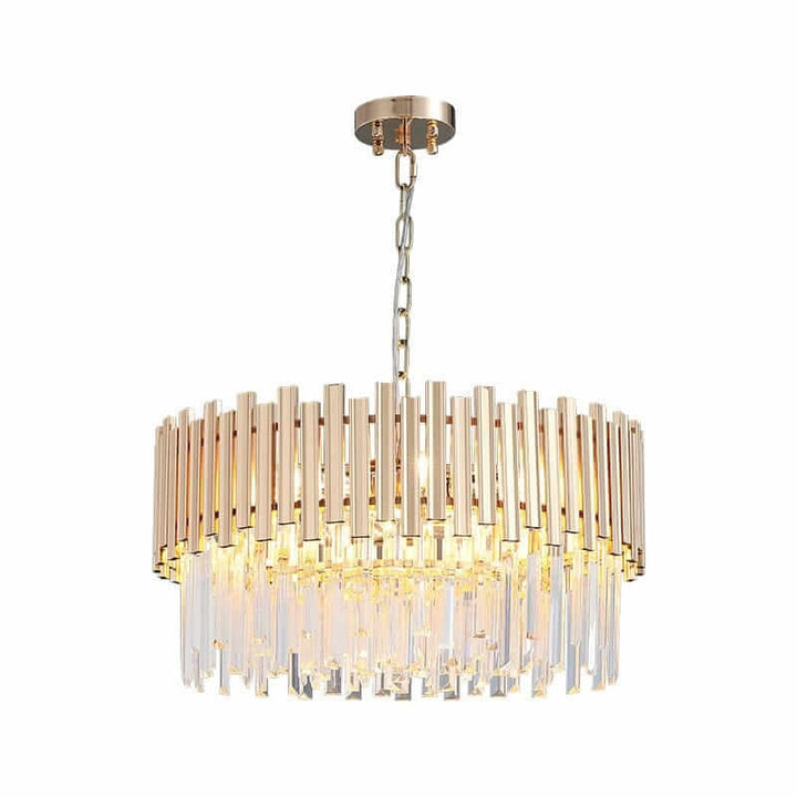 Gold chandelier with contemporary design and crystal accents illuminating a stylish space.