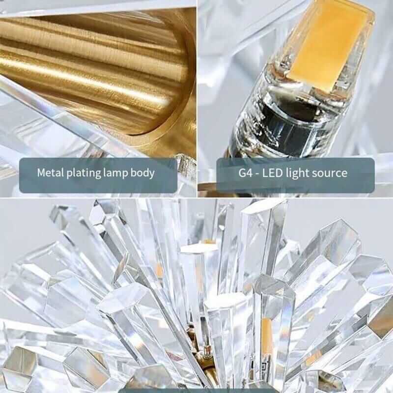 Close-up of LED chandelier details: metal plating lamp body, G4 LED light source, and crystal design.