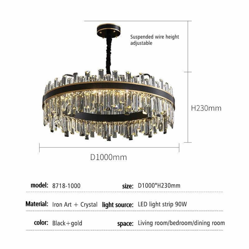 Foyer chandelier in black and gold, featuring elegant crystal design, adjustable height, perfect for living or dining spaces.