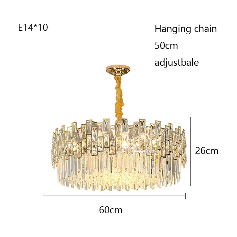 Kiara Gold Black Crystal Chandelier with adjustable hanging chain and dimensions, modern luxury lighting for home decor.
