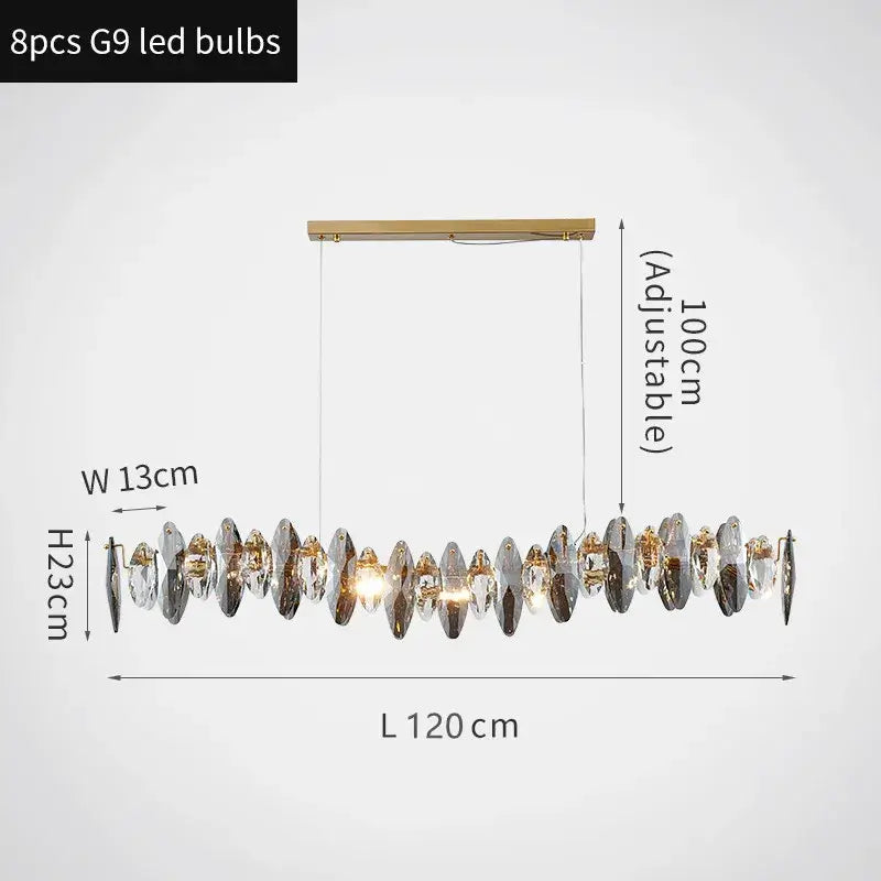 Long crystal chandelier design with 8 LED bulbs, dimensions 120cm by 13cm, adjustable height of 100cm.