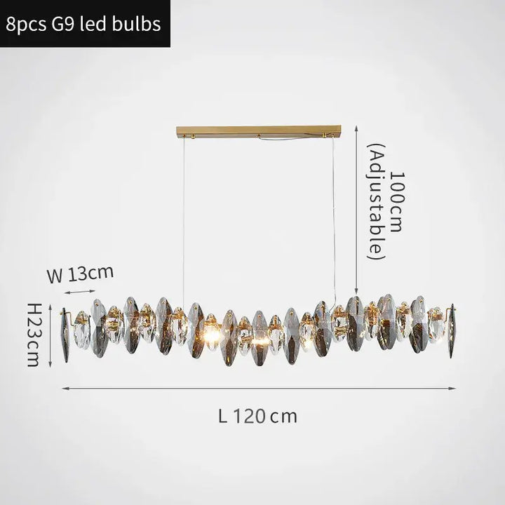 Long crystal chandelier design with 8 LED bulbs, dimensions 120cm by 13cm, adjustable height of 100cm.