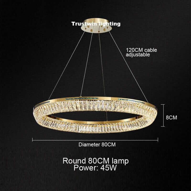 Round 80CM luxury chandelier with adjustable 120CM cable and 45W power, featuring stunning crystal accents.