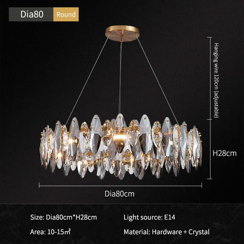 Elegant round crystal chandelier with gold accents, measuring 80cm diameter and 28cm height, designed for upscale ambiance.