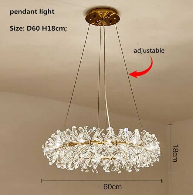 Adjustable LED chandelier pendant light, 60cm diameter and 18cm height, featuring crystal detailing for a glamorous look.