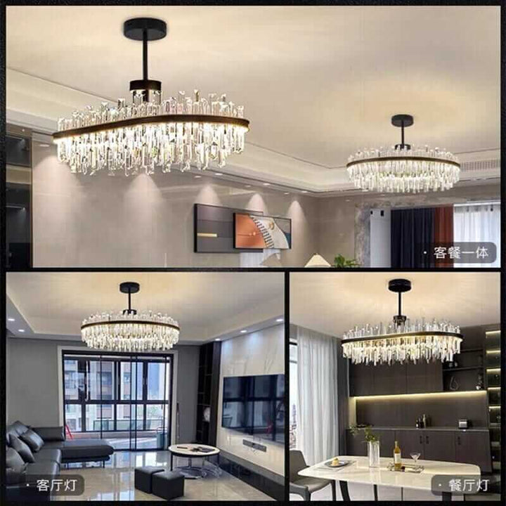Foyer chandelier featuring crystal illumination in a modern living room, enhancing elegance and ambiance.