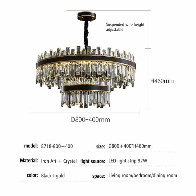 Foyer chandelier featuring black and gold design with adjustable height and crystal accents, perfect for living room or dining room.