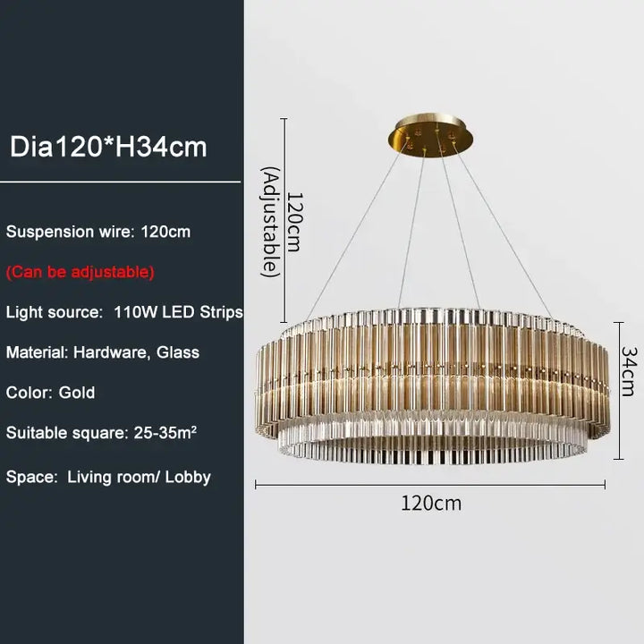 Gold chandelier with adjustable suspension wire and LED light strips, ideal for living rooms and lobbies, diameter 120cm.